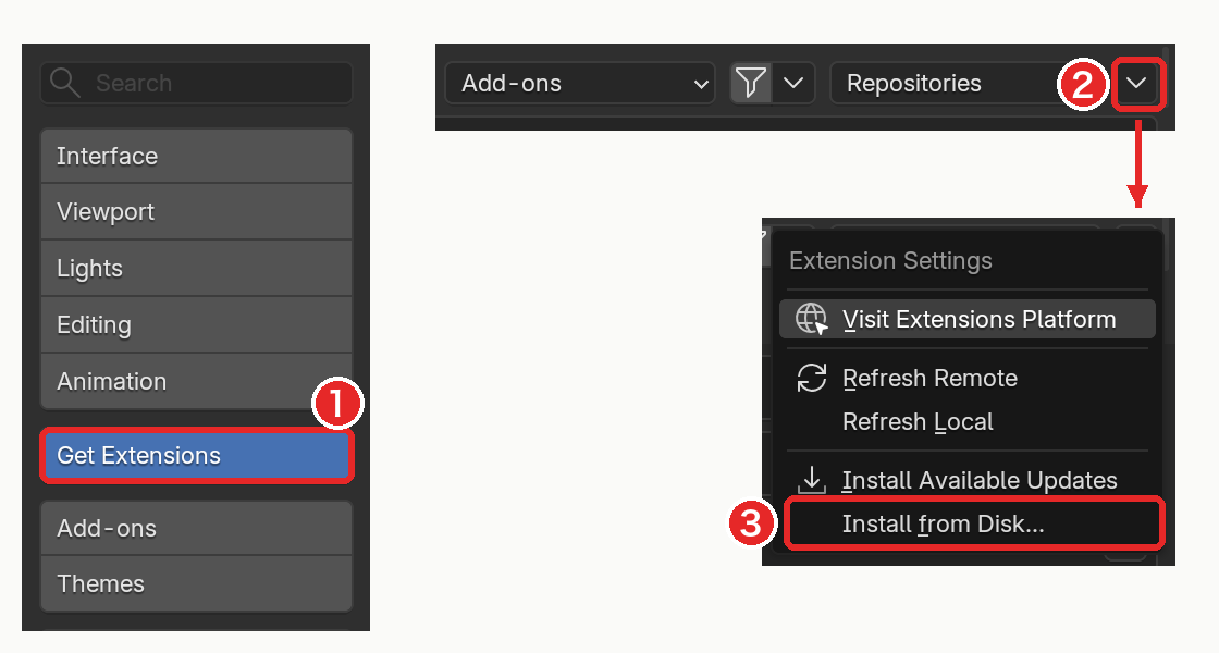 Preferences の Get Extensions から Install from Disk を選ぶ画面